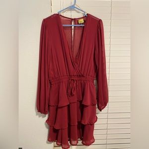 Francesca’s Ruffled Long Sleeve Dress in Wine red